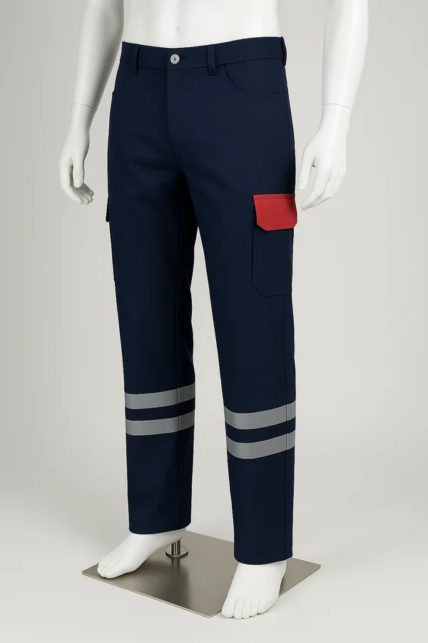 Lacivert iş pantolonu, kırmızı yan cep detaylı, önden manken görünümü
