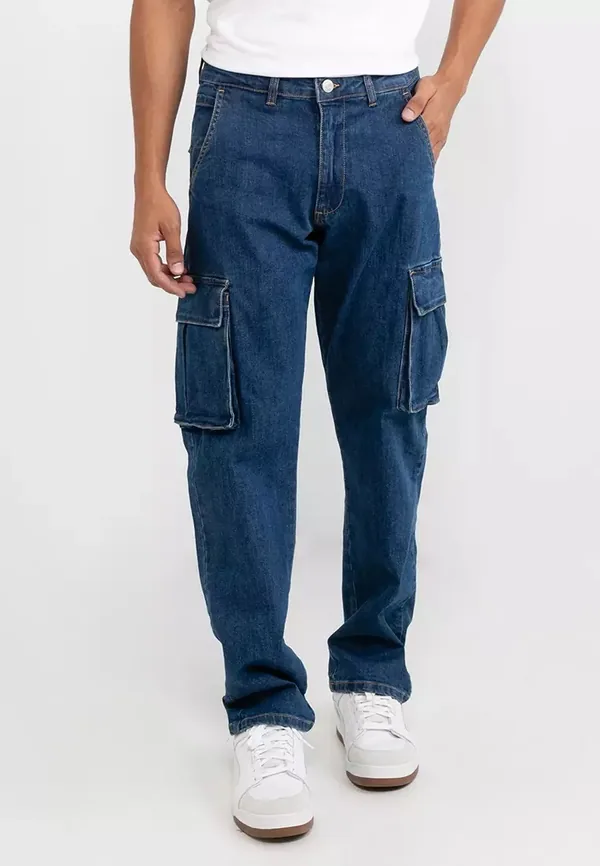 Mavi kot kargo iş pantolonu, çok cepli dayanıklı denim, personel üzerinde